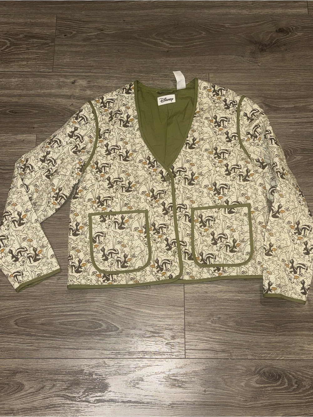 Disney Quilted Cream Jacket with Olive Trim and Character Print
